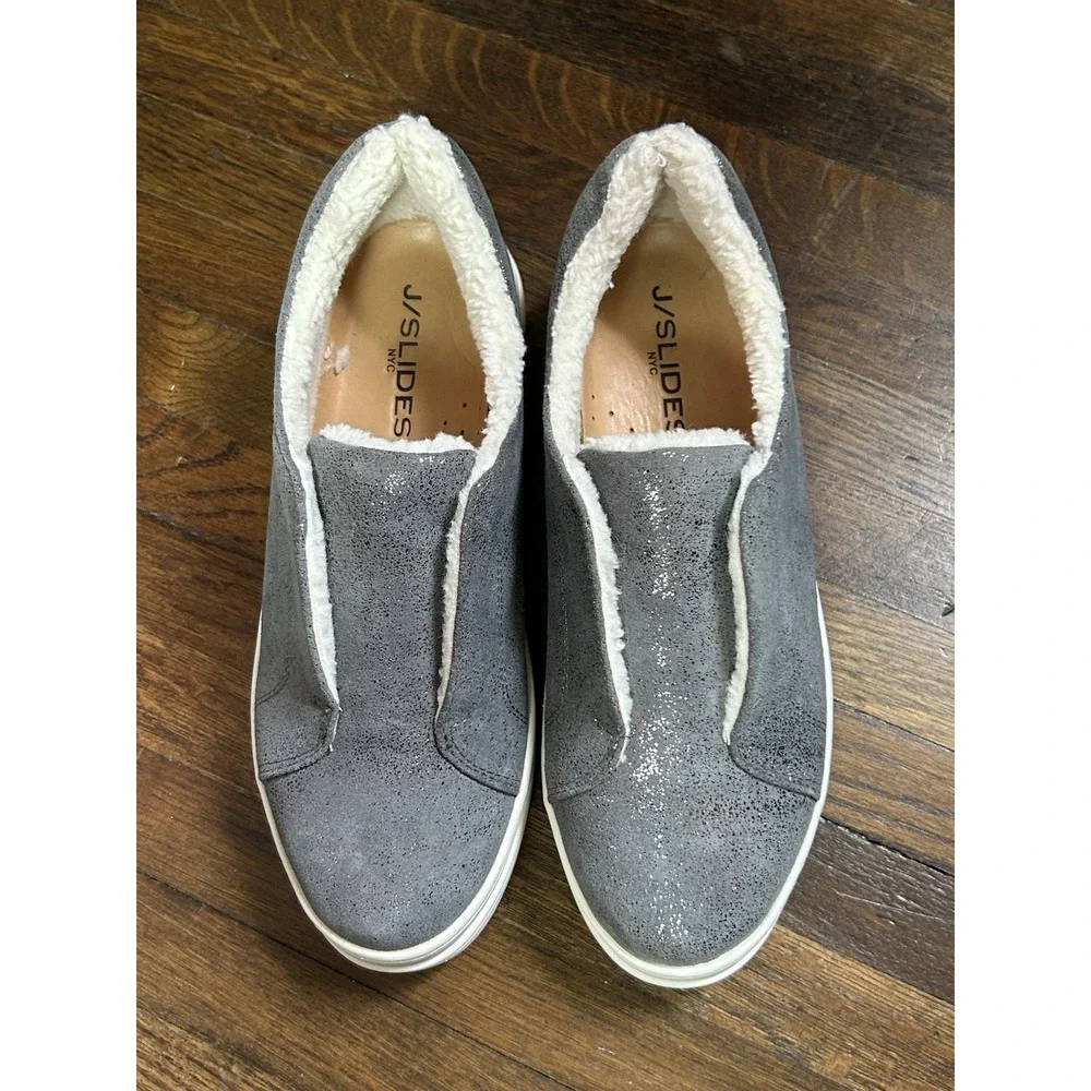 J/Slides Nada platform sneakers feature a pewter metallic suede upper Size 7